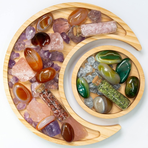 Crescent Moon Sun Lunar Eclipse Jewelry Tray Set Wood Trays Crystal Display Dish - Picture 3 of 13